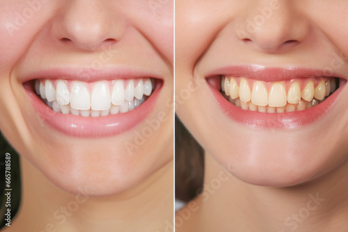 dental transformation showcasing the process of whitening teeth. In the before image, a woman's teeth appear yellow and in the after image, her teeth are noticeably whiter
