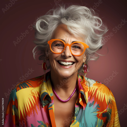 An elderly beautiful woman smiling happily. Close-up portrait. Stylish and fashionably dressed elderly woman