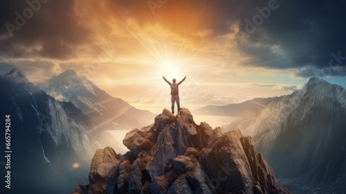 A surreal powerful image of a person standing on a mountaintop, arms raised in triumph