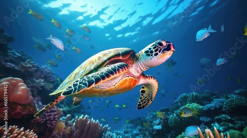Beautiful turtle swimming among fishes in blue water 