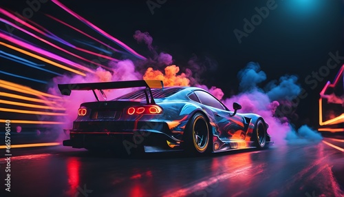 Drifting Sport Cars On Dark Background With Smoke. Supercar In The Smoke. Supercar In Motion. Digital AI