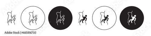 Rappelling thin line icon set. rock climber climbing vector symbol in black and white color