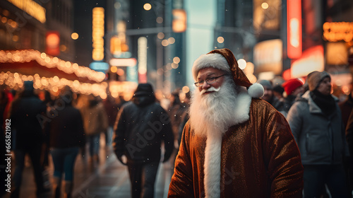 Santa clause walking though the christmas market, closeup portrait