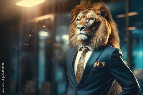 photo of a beautiful lion in a stylish business suit. global business growth analysis and asset investment chart Business and Finance Up arrow Holographic economic chart, global economic trend analysi