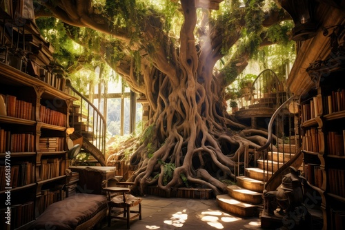 Bookshelf with books and tree roots in the old library, enchanting library in a big tree, tree library, hidden library, Mystical ancient tree in the library, tree shaped library