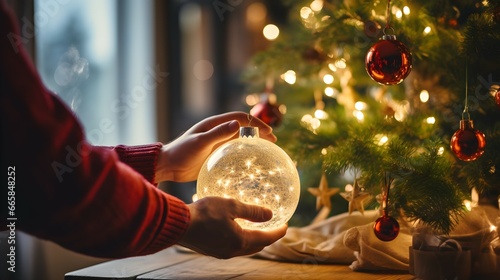 Manos sosteniendo una esfera con luz brillante junto al árbol de navidad
