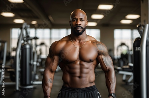 Portrait of handsome african american male model, bodybuilder fitness trainer, flexing muscles in the gym, bodybuilding and fitness concept background 