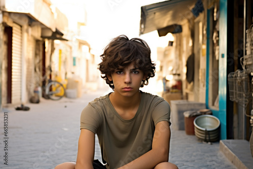 Sad Palestinian boy sits on city street, portrait of serious Arab teenager in Middle East. Young person, kid looking at camera outdoor. Concept of character, muslim