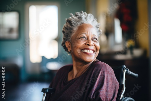 Portrait of a smiling disabled senior woman in a nursing home
