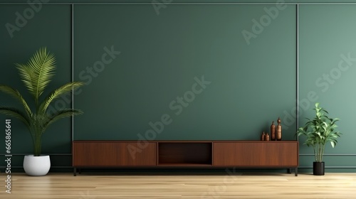 Living room with cabinet for tv on dark green color wall background.3d rendering