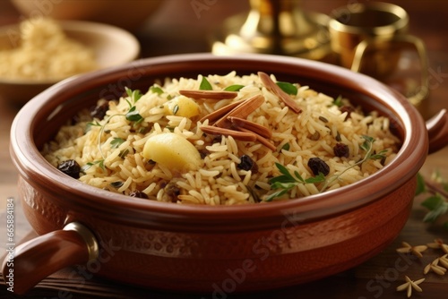 Aromatic Rice Pilaf with Peanuts and Raisins in Bowl