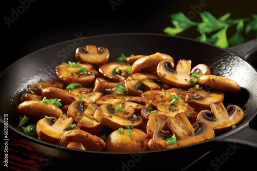 Sliced Mushrooms with Herbs are Fried in Frying Pan, Close-up