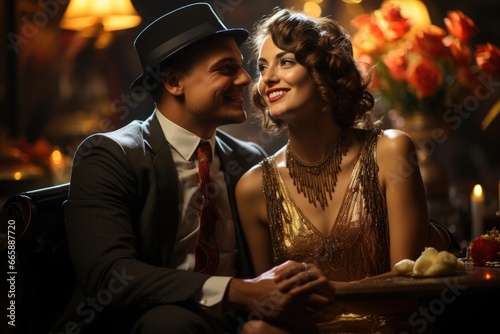 Roaring 1920s jazz club with flappers and live music.
