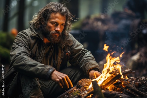 Rugged outdoorsman kindling campfire in dense forest, wilderness survival.