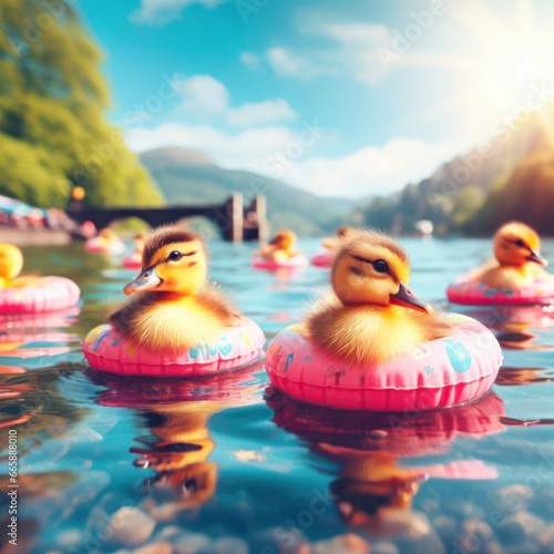 cute ducklings swimming in the lake with a floaty ring generative ai