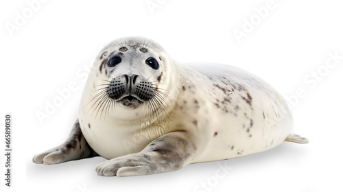 A cute harp seal with a light colored fur coat and dark brown spots looking at the camera. isolated on transparent background. 