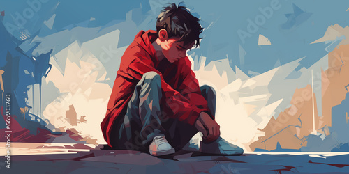 Depressed teenager boy sitting slumped symbolizing bad emotional state