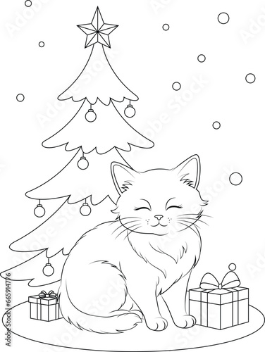 Coloring page a sleepy cat nestled by the Christmas tree.