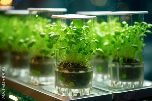 Close-up of a hydroponic system, with sprouts growing in water. Generative AI