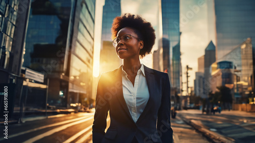 Successful black businesswoman standing in big city Modern skyscraper road at sunset Think of a successful vision. Dreaming of new investment opportunities. Generative AI