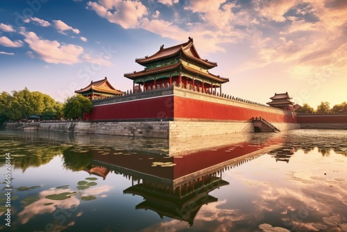The Forbidden City in Beijing, China at sunset with reflection in water, Landscape view of the Forbidden City in Beijing, China. Panorama, AI Generated