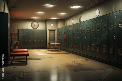 3D render of a locker room with lockers in a school, Locker Room, AI Generated