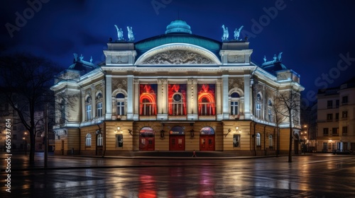This is a nighttime shot of the Warsaw Grand Theatre, also known as Teatr Narodowy