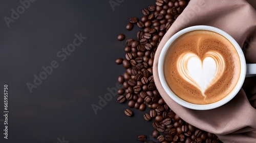 Coffee cup, cappuccino on table with coffee beans and linen cloth, landscape banner with copy space, latte art, classic and clean, professional food photography, Valentine's Day