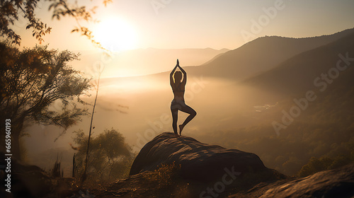 Young Lady doing Yoga on the Top of Mountain