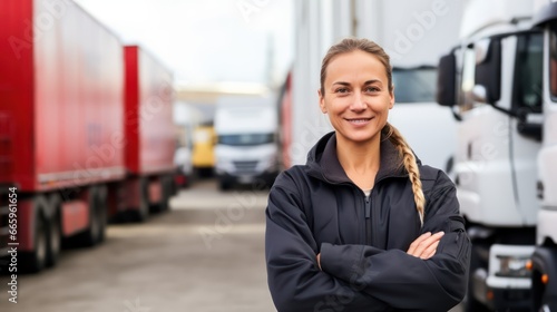 Truck driver occupation. Portrait of woman truck driver in casual clothes standing in front of truck vehicles. Transportation service.