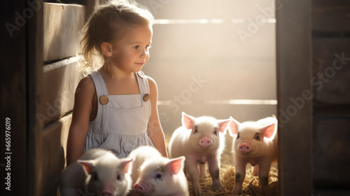 copy space, stockphoto, cute little child playing between cute piglets in a stable. Love and affection between a cute piglets and a young child. Toddler playing between piglets. Beautiful design for a