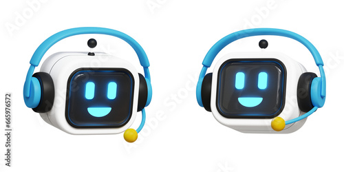 3D AI support concept. Customer support service, Chat Bot, artificial intelligence, bot mind. Robot with headphones. 3d illustration