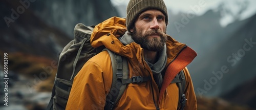 Close-up of a fictional man on a winter hike among the mountains.