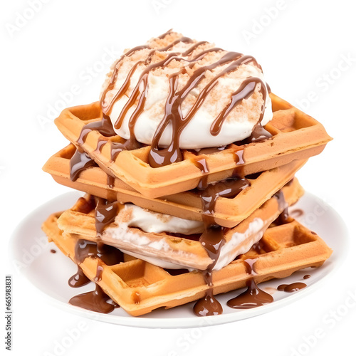 stack of waffles with ice cream and syrup topping isolated on transparent background. Waffles with ice cream transparent background. Png waffles with ice cream
