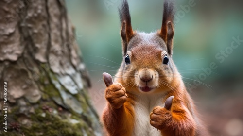 Portrait of friendly squirrel making thumbs up.
