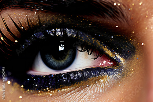Close-up of beautiful woman's eye with glitter make-up
