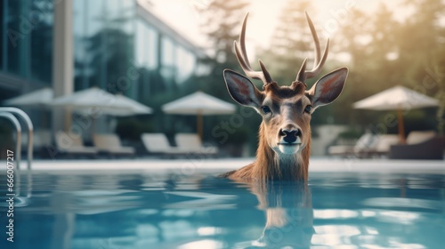 Deer in a swimming pool at the hotel.