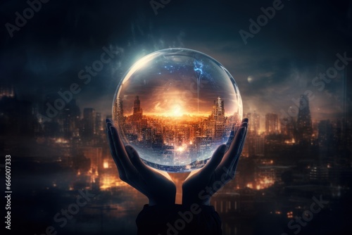 Human hands holding glass ball with cityscape.