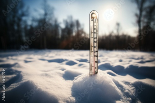 thermometer in snow, measuring temperature in Celsius or Fahrenheit. Generative AI