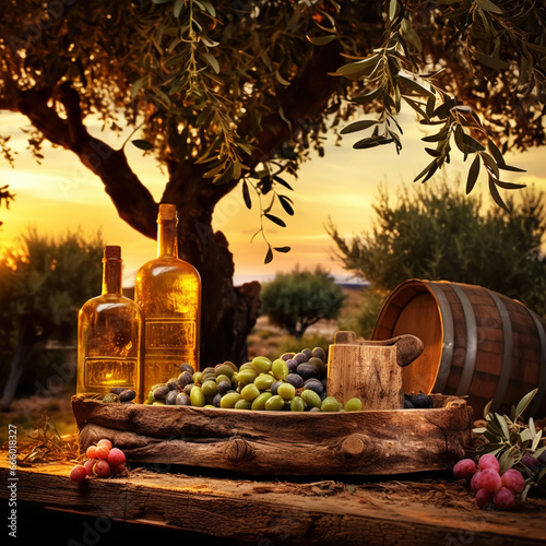 Bottles with organic olive oil and olives on a wooden table on the background of sunset in an farm garden. Generative AI