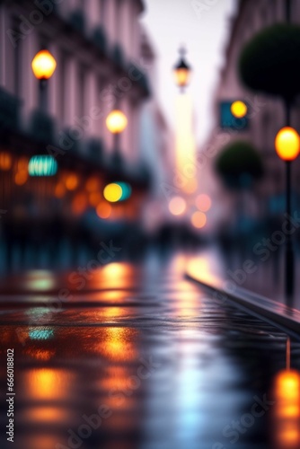 A digital painting madrid city hyper-detailed of a close-up view of a raining street, some street lights and padestrians, photorealistic, highly-detailed, 4k, ue5, light effect, rtx on, realistic, cin