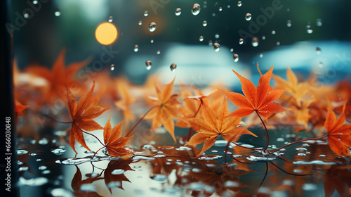 Autumn leaves on window glass in rainy day.