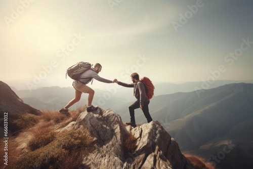 Hiker help friend in mountains peak. Sunrise climbing rescue rock. Generate Ai