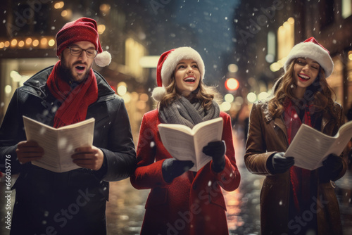Three cheerful friends doing door-to-door carol singing on Christmas eve. Group of young people caroling on the street during festive holidays. Traditional Christmas activities.