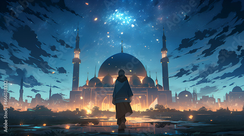girl walks towards a mosque at night with fireflies around him , anime style