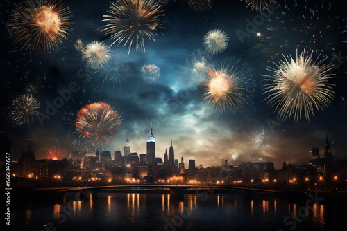 Firework display which is a festival event on Guy Fawkes bonfire night and the New Year's eve for people to celebrate and have fun with exploding rockets, computer Generative AI stock illustration