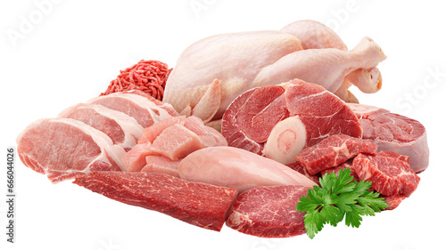 Meat assortment, different raw meat isolated on white background, full depth of field