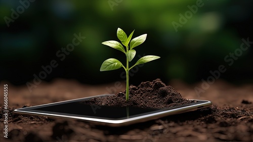 the plant grows on the tablet. business concept