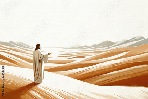 Jesus Christ in the desert with sand dunes background