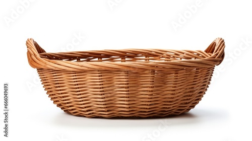 Empty wicker basket with handles isolated on white